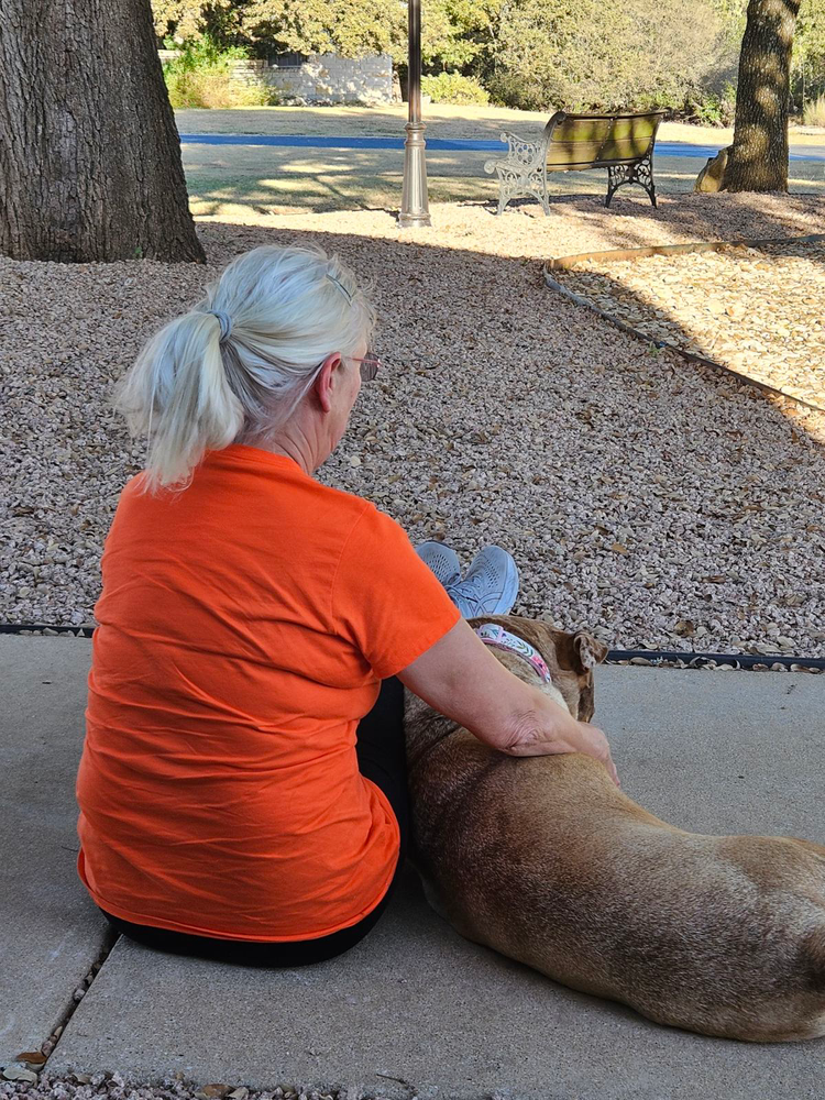 A person sitting on a sidewalk with a dog AI-generated content may be incorrect.